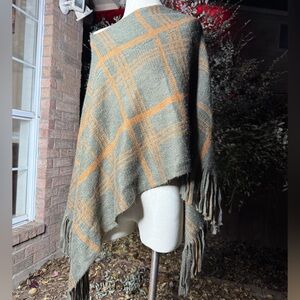 Plaid Fringe Poncho in Green and Orange